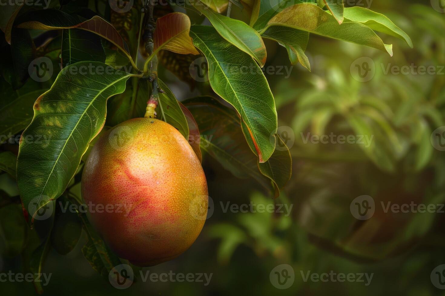 AI generated Ripe mango hanging on a tropical tree surrounded by fresh green leaves photo