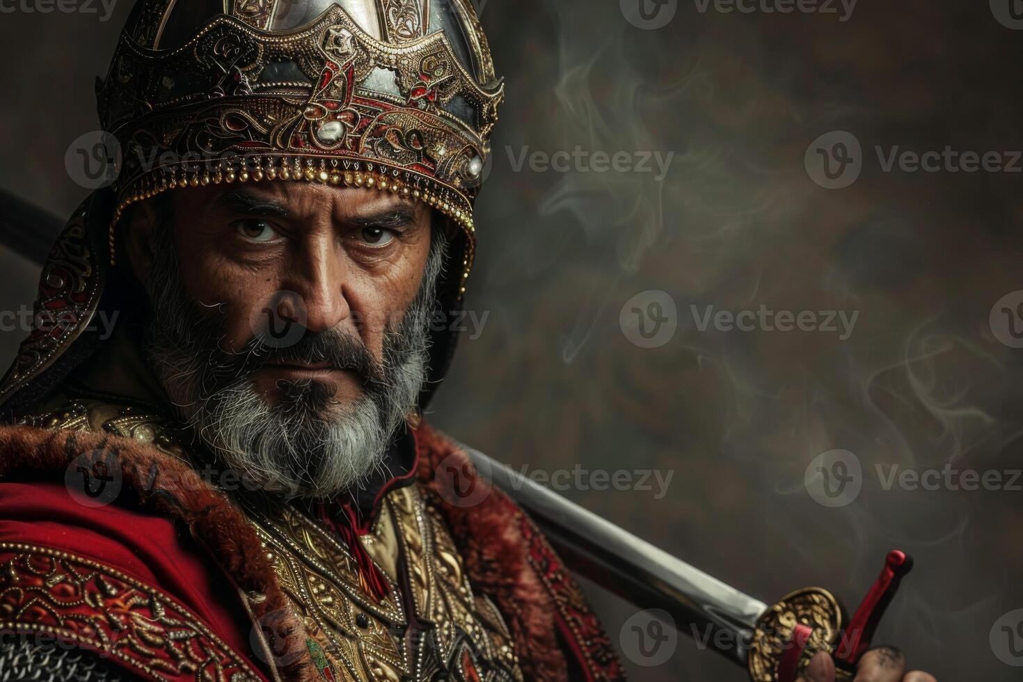 AI generated Intense warrior king in medieval costume with armor and sword exhibits majestic presence photo