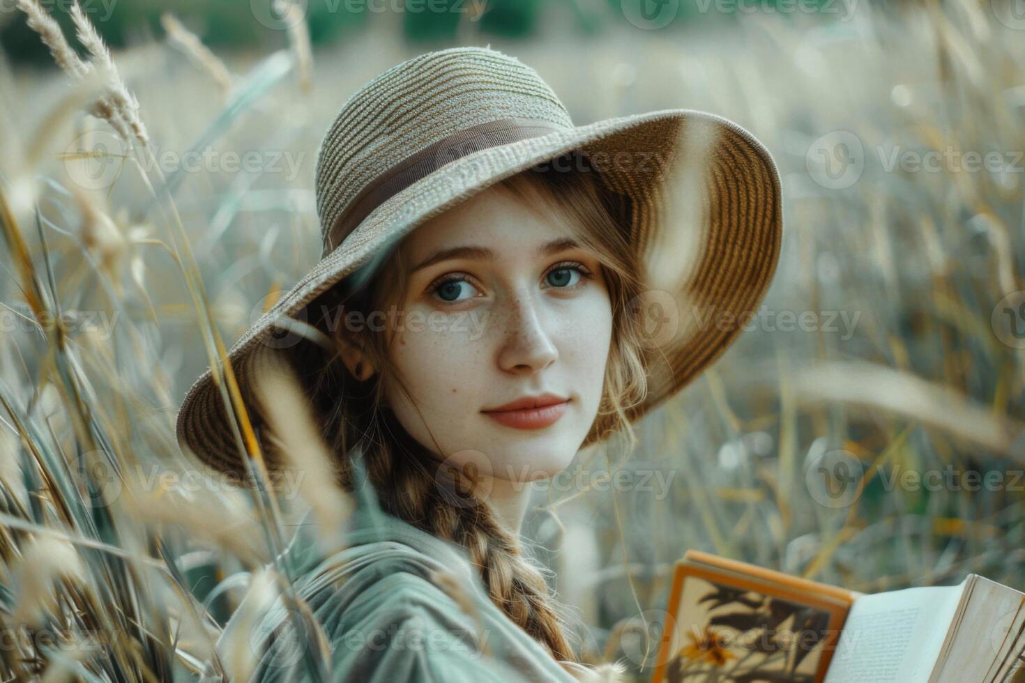 AI generated Portrait of a woman with a hat reading a book in a tranquil summer field photo