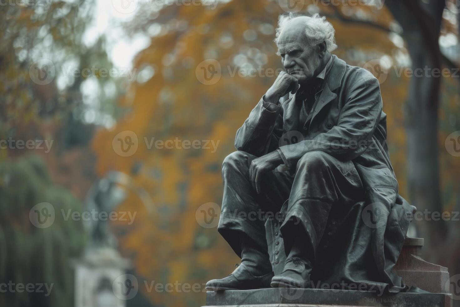 AI generated Contemplative bronze philosopher statue amidst autumn foliage in a serene park setting photo