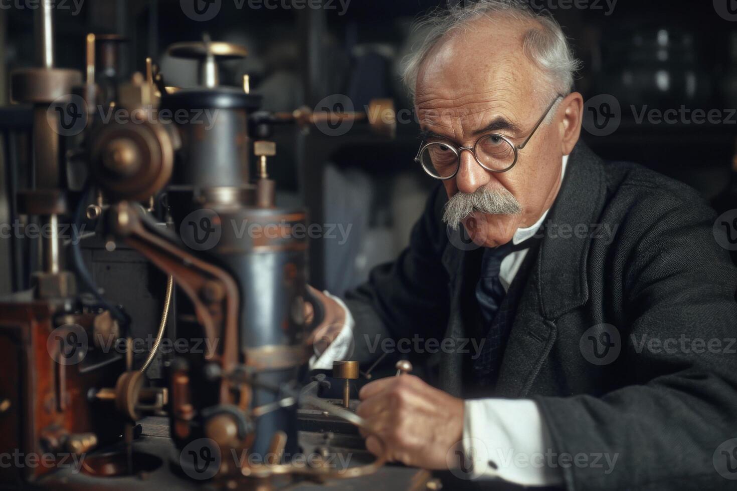 AI generated Senior inventor works with machinery in a vintage laboratory with concentration and precision photo