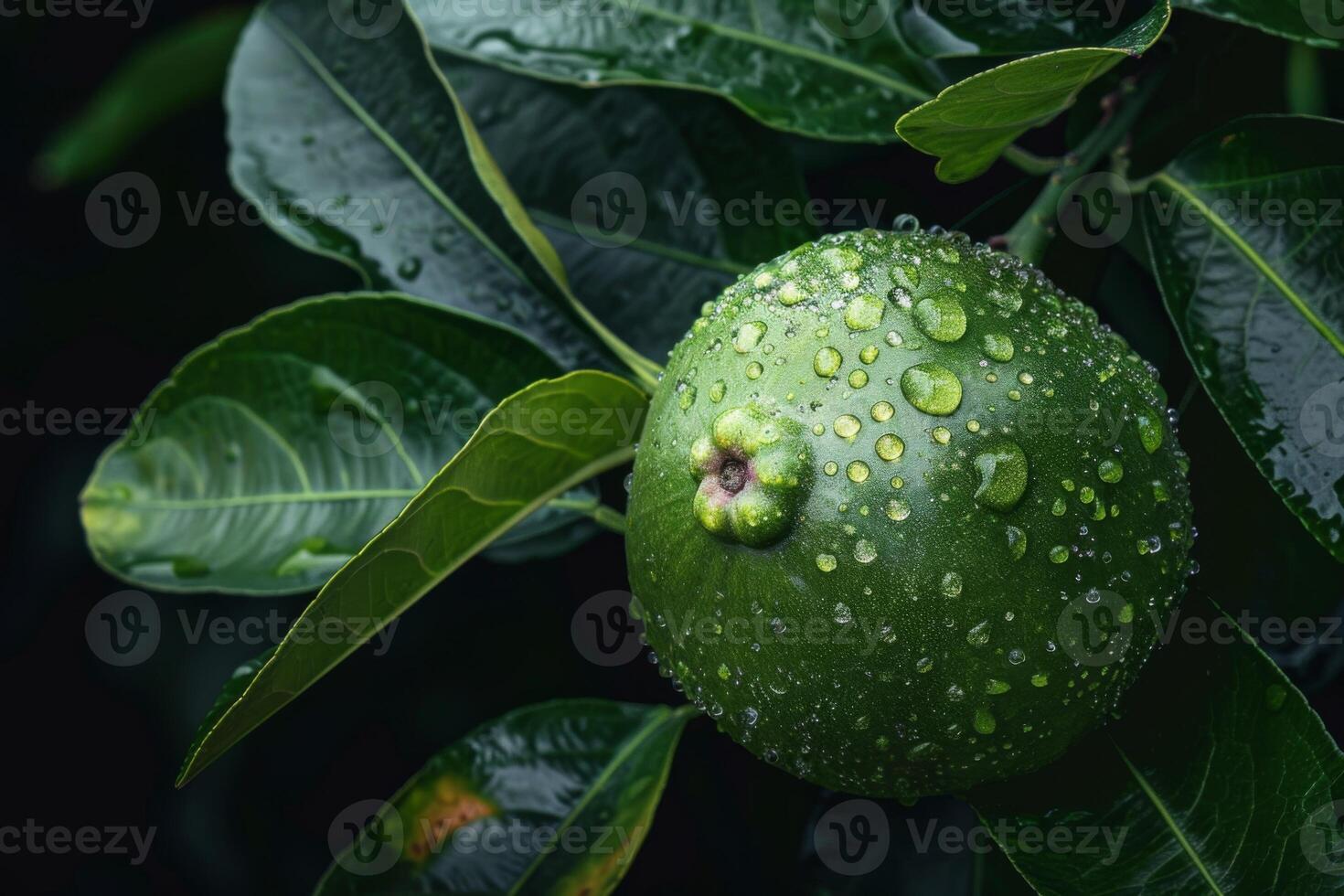 ai generado de cerca de un verde guayaba Fruta con gotas de agua en hojas demostración frescura y naturaleza foto