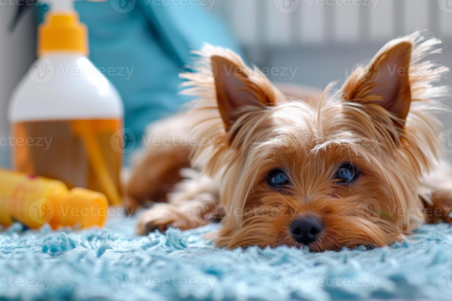 AI generated Dog lying next to cleaner bottle on a blue carpet showcasing pet stain and odor remover products photo