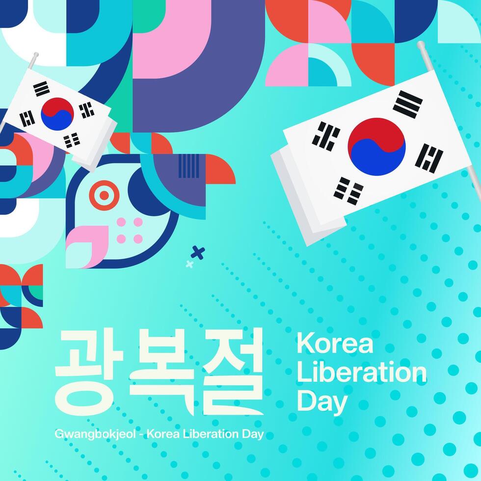 Korea National Liberation Day square banner in colorful modern geometric style. Happy Gwangbokjeol day is South Korean independence day. Vector illustration for national holiday celebrate