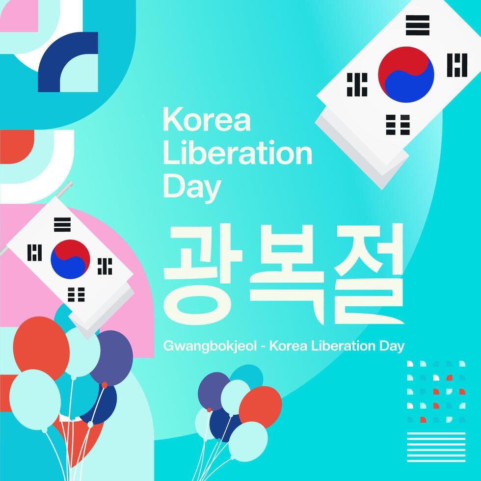 Korea National Liberation Day square banner in colorful modern geometric style. Happy Gwangbokjeol day is South Korean independence day. Vector illustration for national holiday celebrate