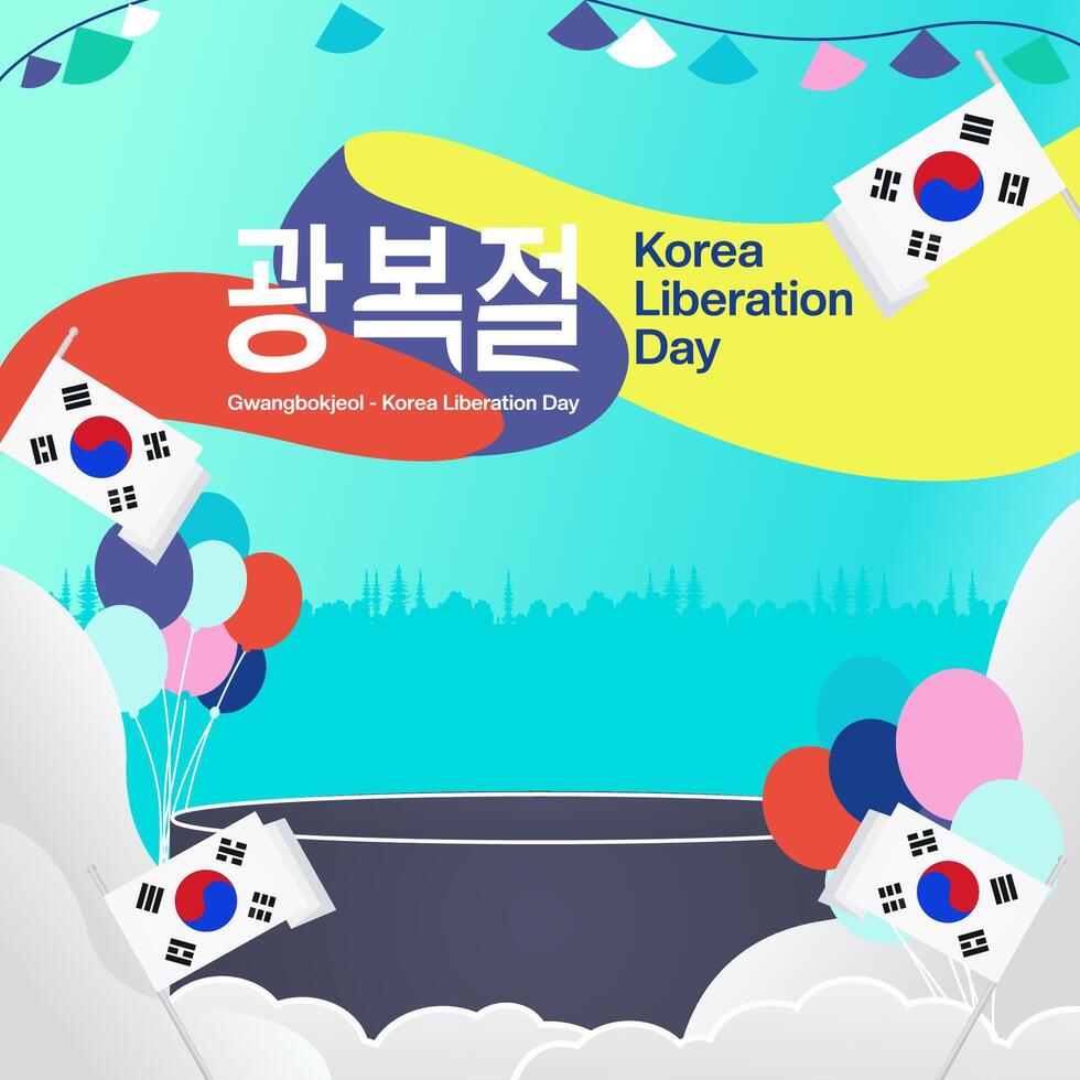 Korea National Liberation Day square banner in colorful modern geometric style. Happy Gwangbokjeol day is South Korean independence day. Vector illustration for national holiday celebrate