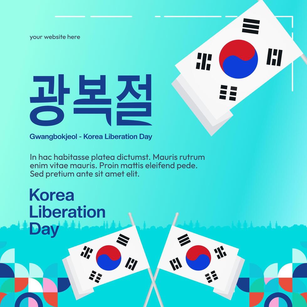 Korea National Liberation Day square banner in colorful modern geometric style. Happy Gwangbokjeol day is South Korean independence day. Vector illustration for national holiday celebrate