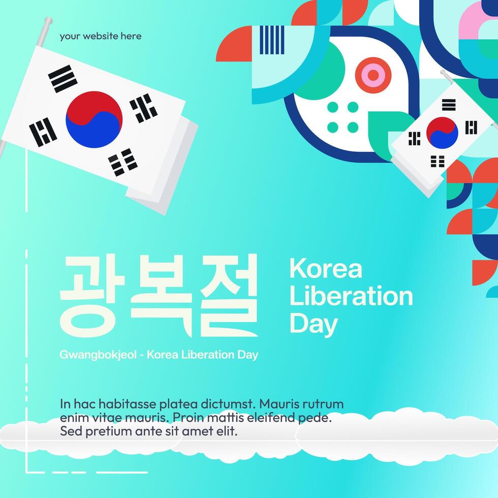 Korea National Liberation Day square banner in colorful modern geometric style. Happy Gwangbokjeol day is South Korean independence day. Vector illustration for national holiday celebrate