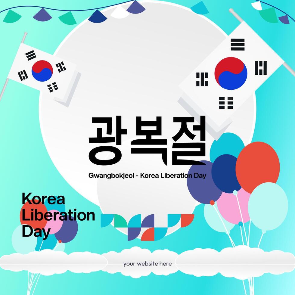 Korea National Liberation Day square banner in colorful modern geometric style. Happy Gwangbokjeol day is South Korean independence day. Vector illustration for national holiday celebrate