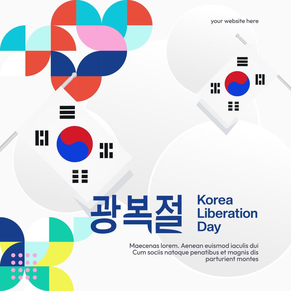 Korea National Liberation Day square banner in colorful modern geometric style. Happy Gwangbokjeol day is South Korean independence day. Vector illustration for national holiday celebrate