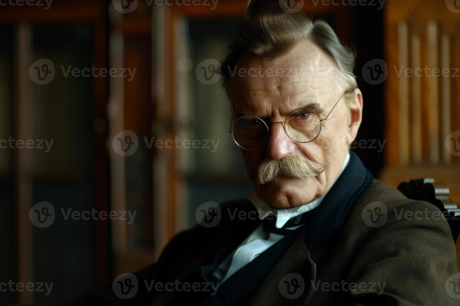AI generated Philosopher portrait in contemplative state with serious expression in a scholarly library environment photo
