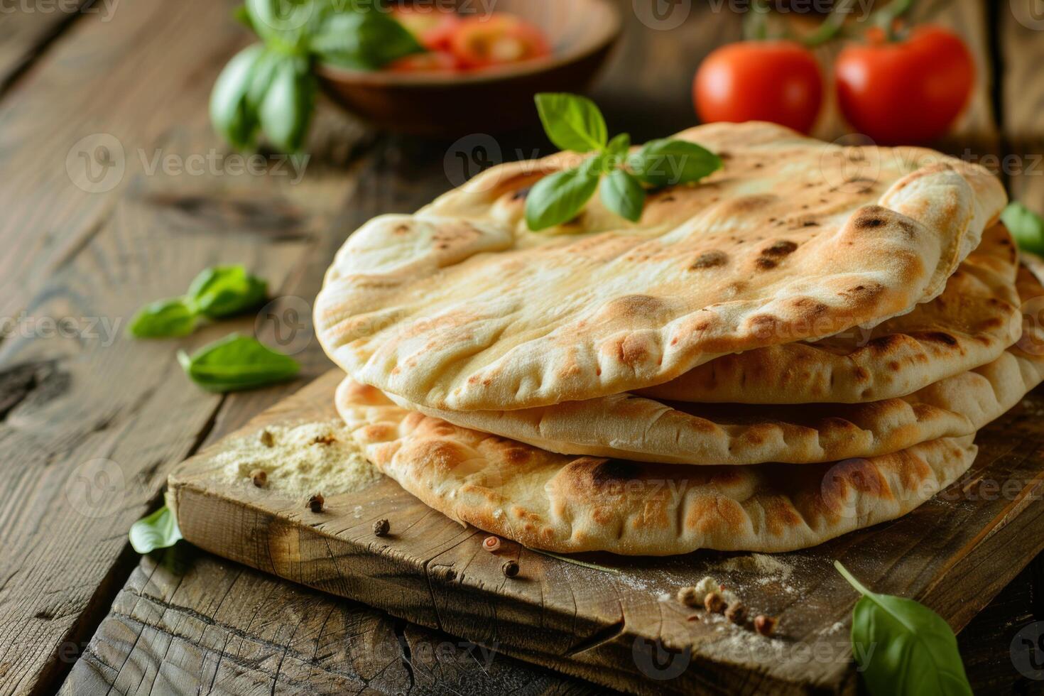 AI generated Pita bread stacked with fresh basil and tomatoes on wooden table featuring Mediterranean cuisine photo