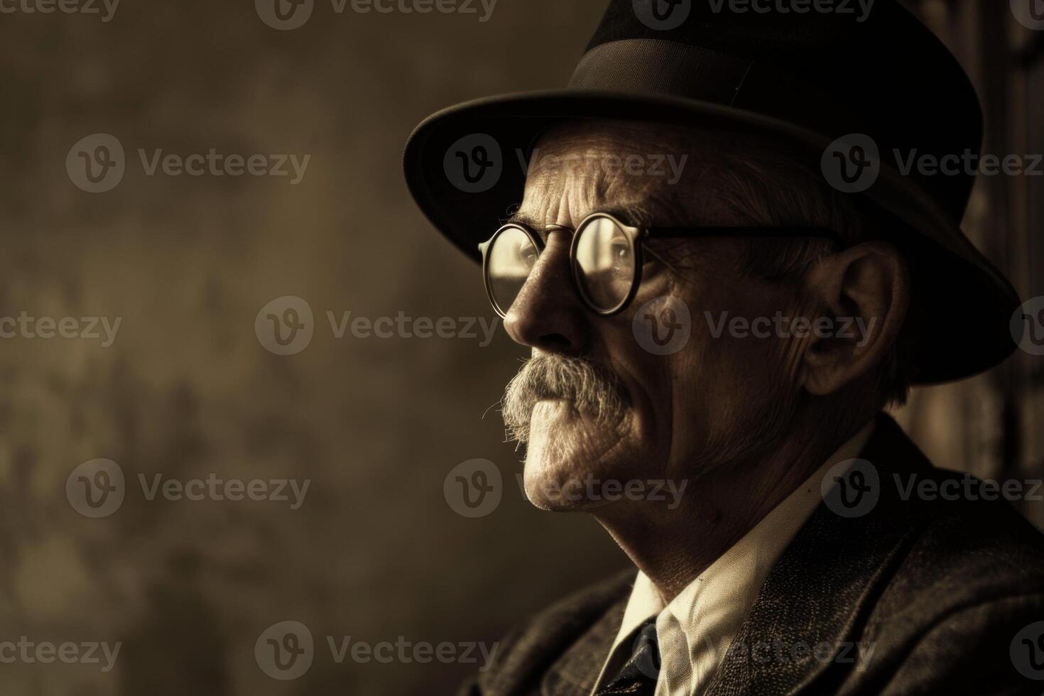 AI generated Elderly man in vintage hat and glasses with a contemplative profile in sepia tone photo