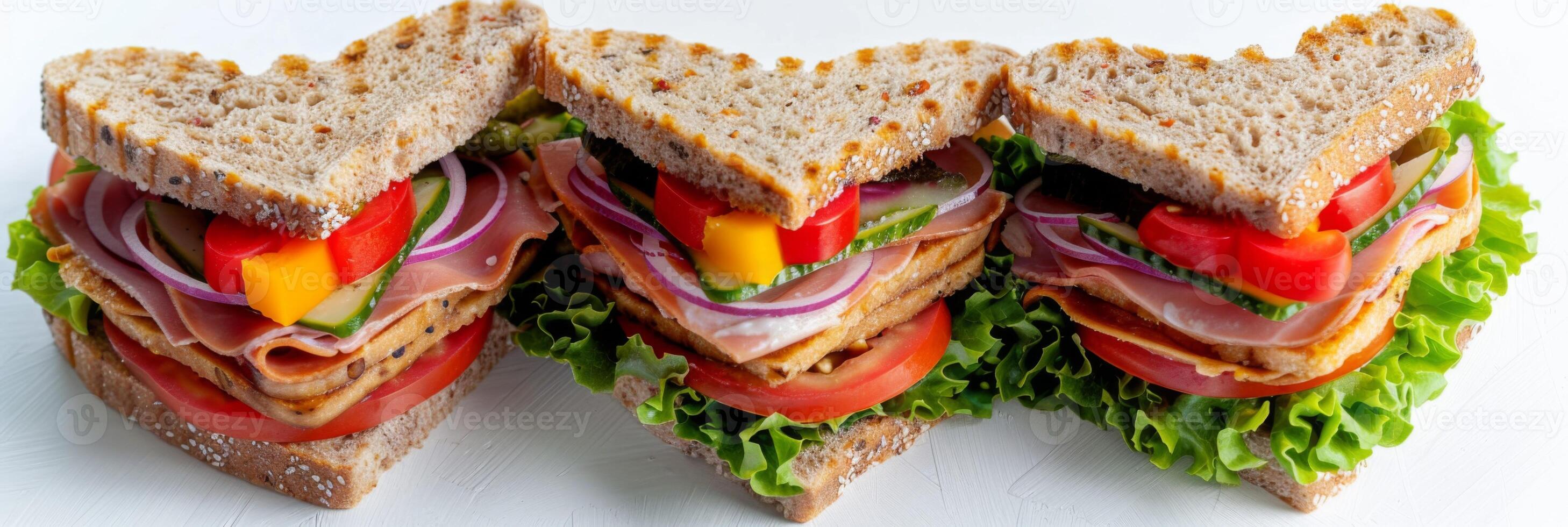 AI generated Heart shaped sandwiches with fresh vegetables and gourmet meats for a healthy lunch photo