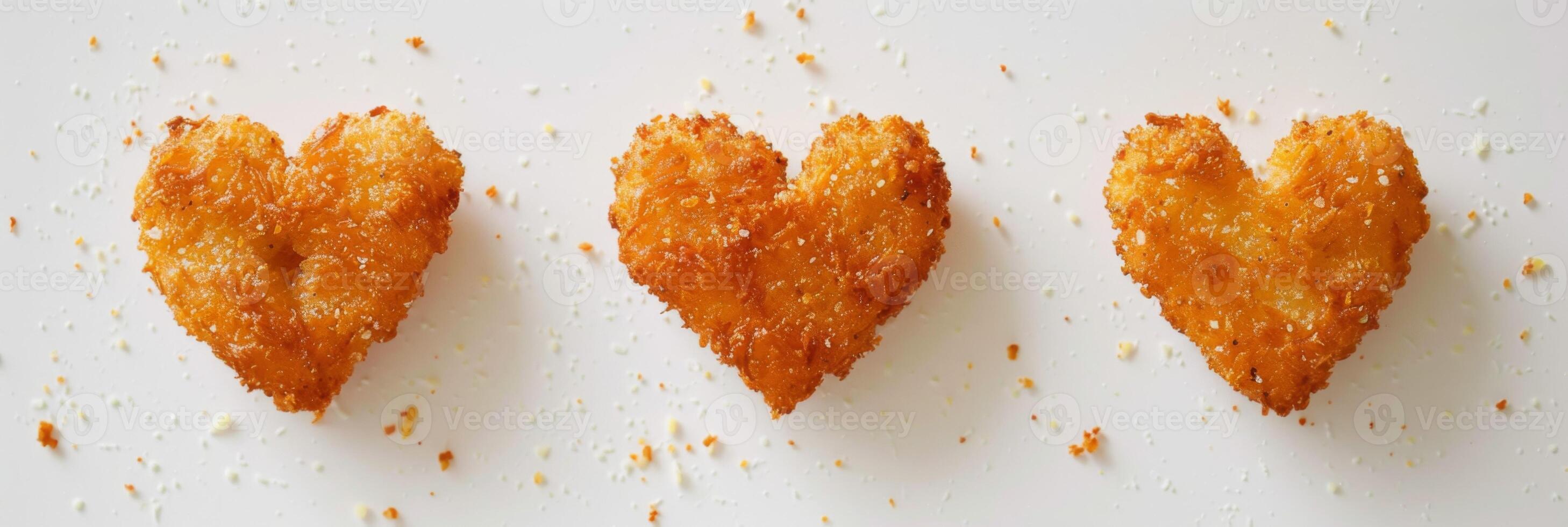 AI generated Mozzarella sticks shaped into hearts show cheese, fried appetizer and snack food against a white background photo