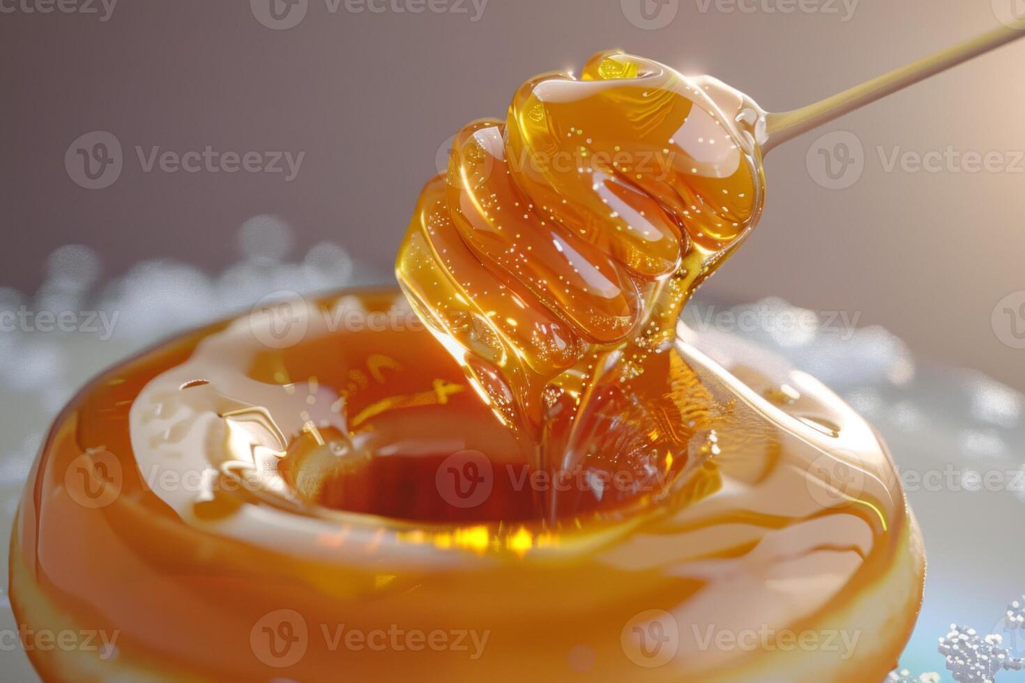 AI generated Honey dipper glazing a sweet donut with golden syrup and dripping excess photo