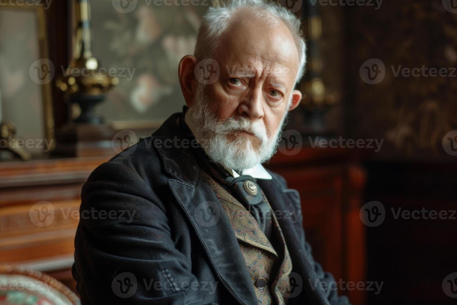 AI generated Portrait of a serious elderly composer in Victorian costume looking thoughtful photo