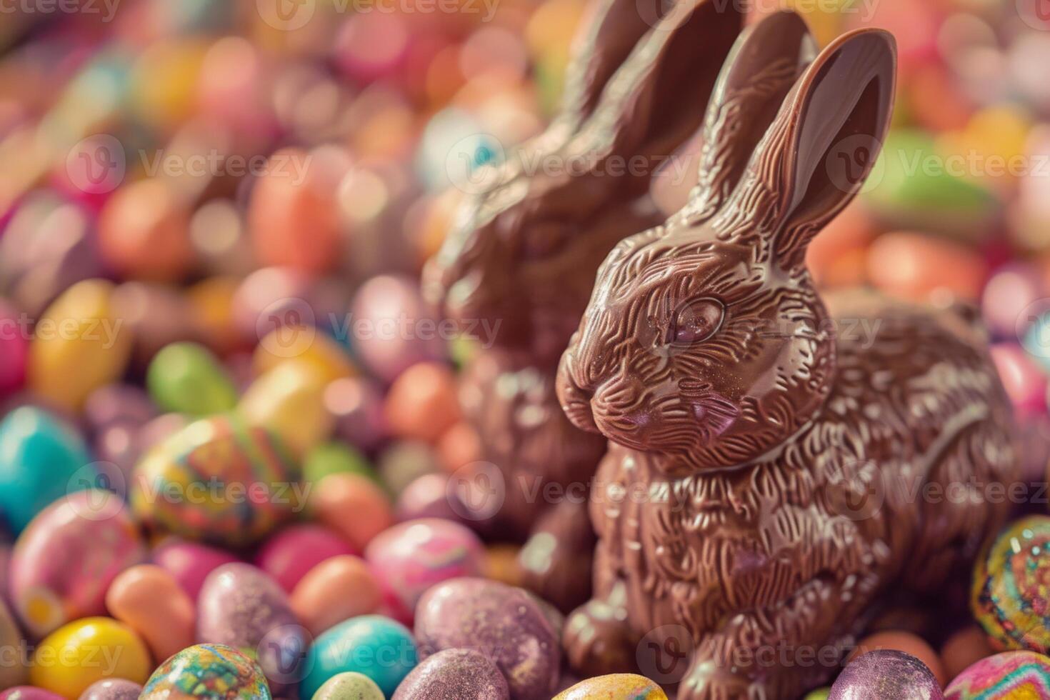 AI generated Chocolate Easter bunny amid candy eggs celebration in a spring sweet decoration photo