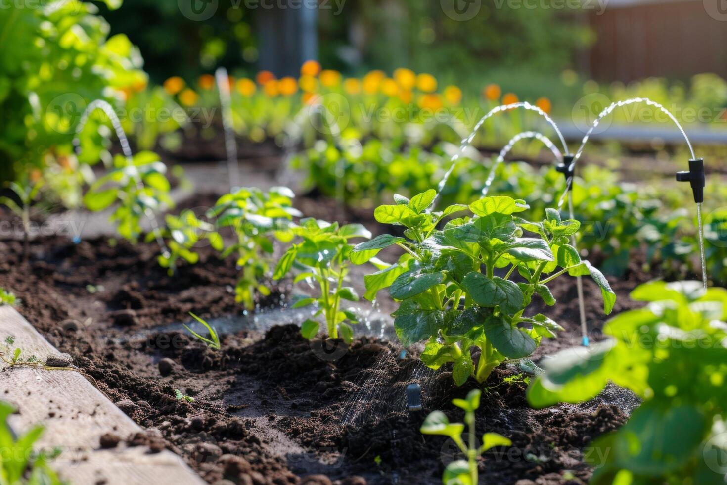 AI generated Irrigation system waters garden with drip technology and sustainable agriculture methods in outdoor setup photo