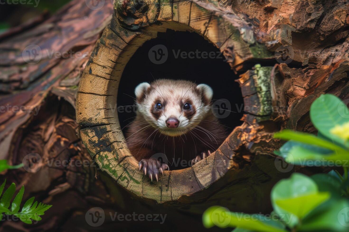 AI generated Curious ferret peeking out of a tree tunnel surrounded by green leaves in nature photo