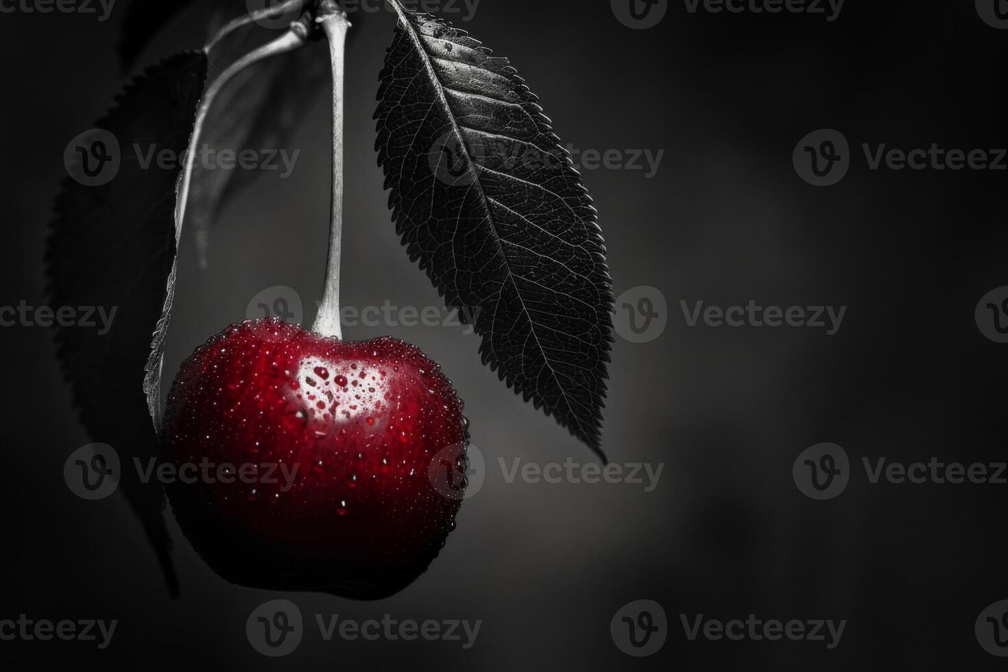 ai generado Cereza con hoja y gotas de agua en rojo en contra un blanco y negro contraste antecedentes foto