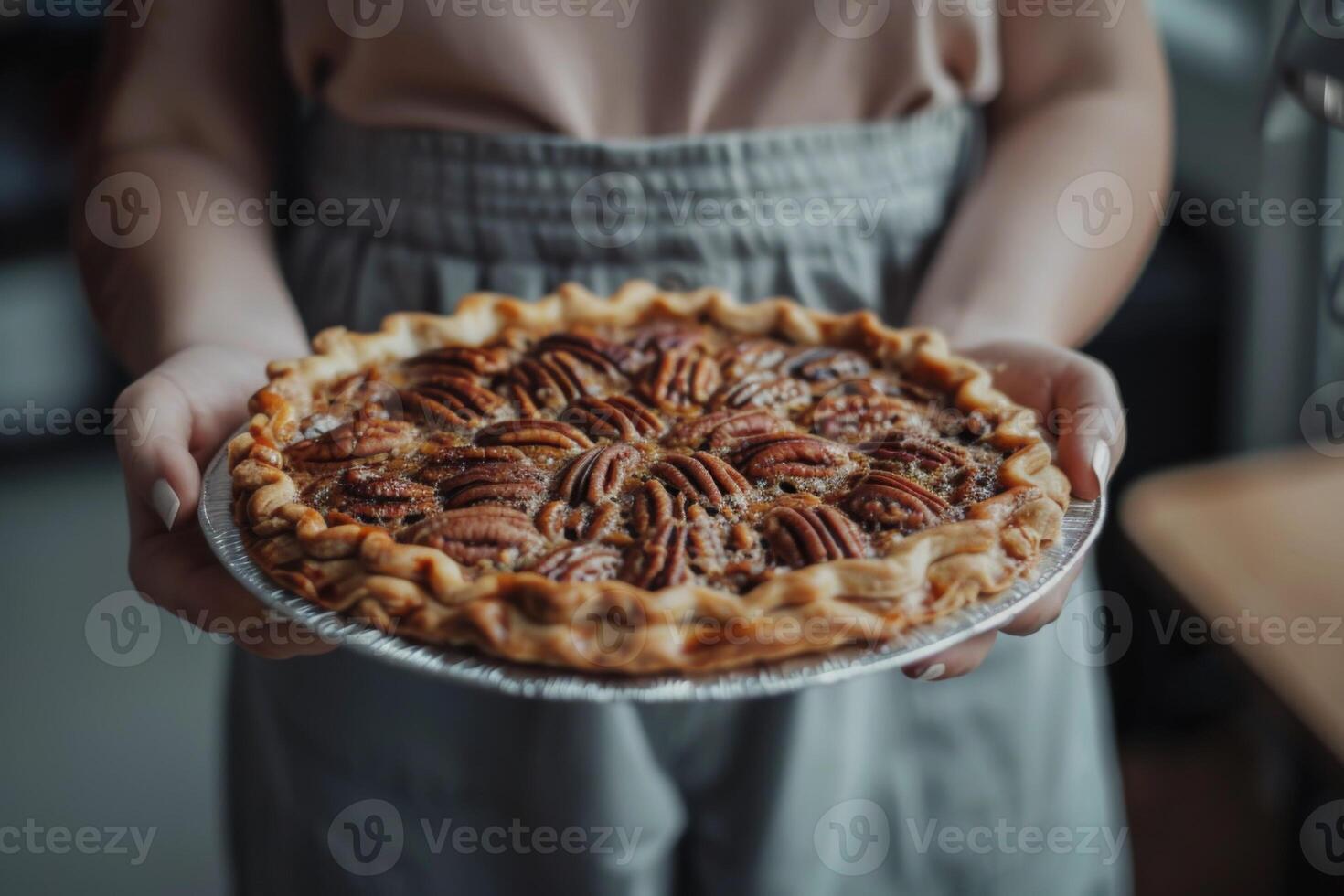 AI generated Pecan pie dessert with homemade pastry and sweet baked crust held in hands photo