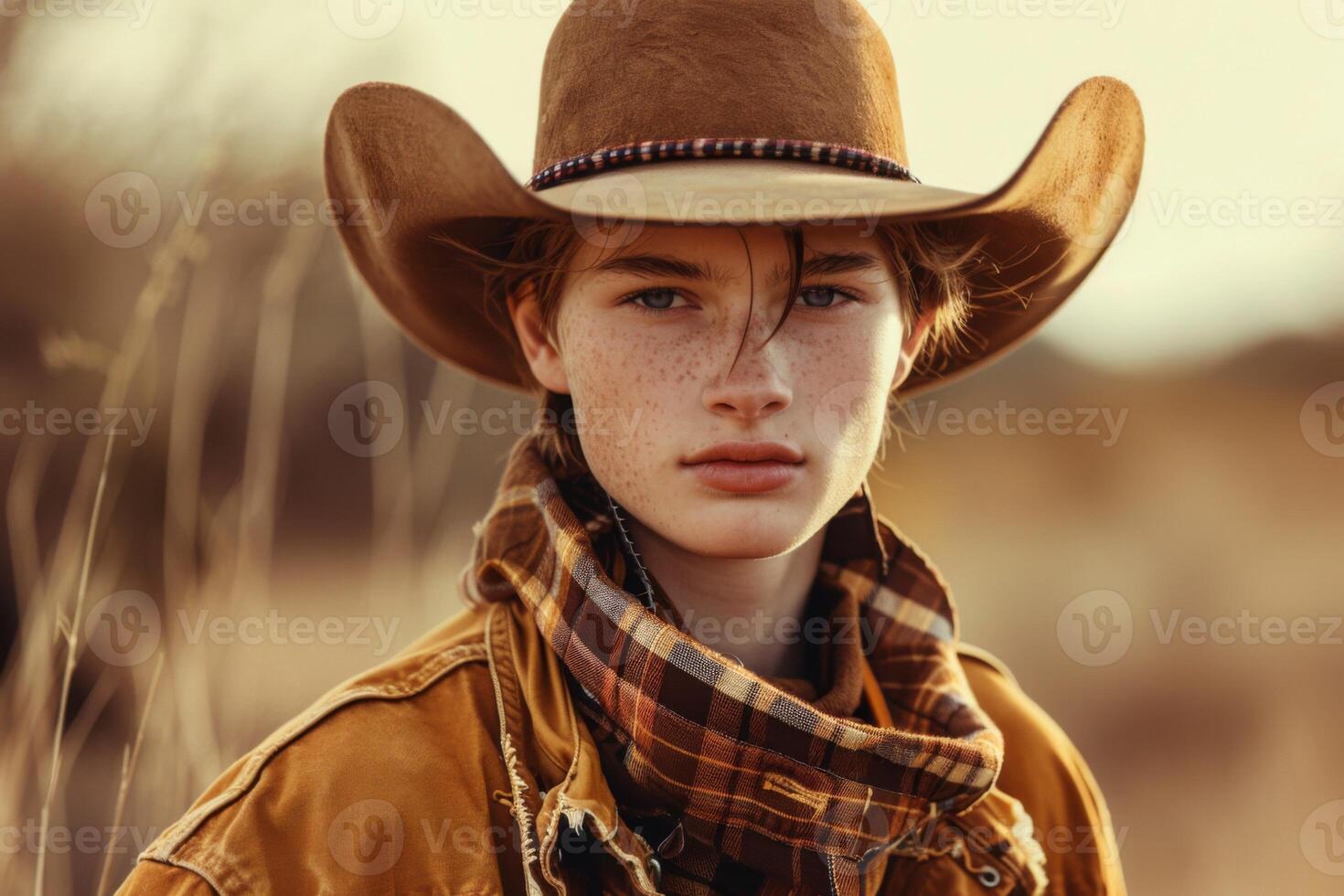 ai generado vaquera modelo en occidental Moda con un sombrero al aire libre retrata confianza y juventud foto