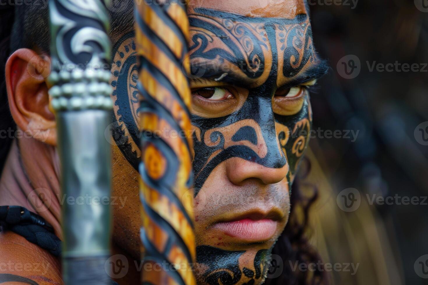 AI generated Maori warrior from New Zealand with tribal face tattoo exhibits fierce gaze and cultural pride photo
