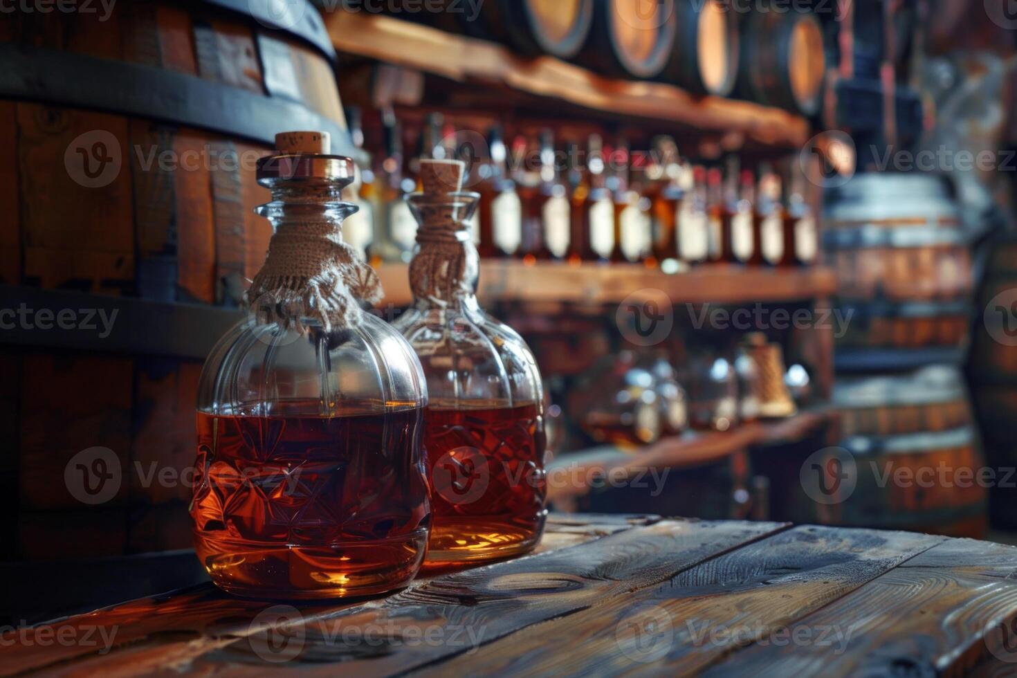AI generated Vintage whiskey bottles on a wooden bar with aged barrels and a rustic atmosphere photo