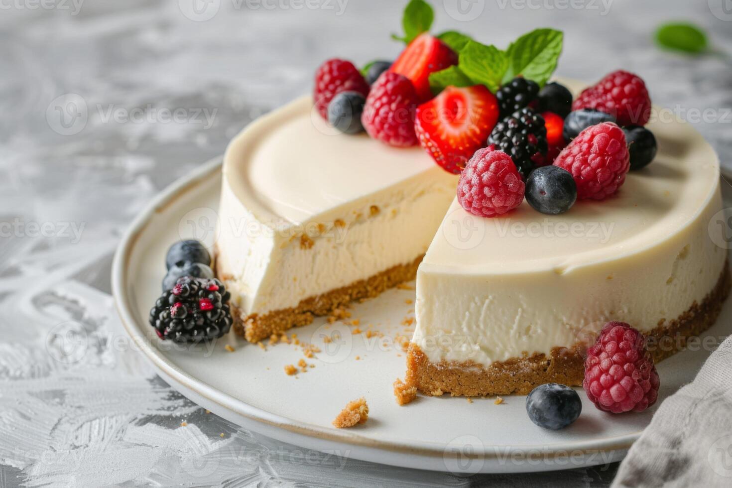 AI generated Cheesecake with berries, dessert featuring raspberry, blueberry, strawberry on a sliced sweet treat photo