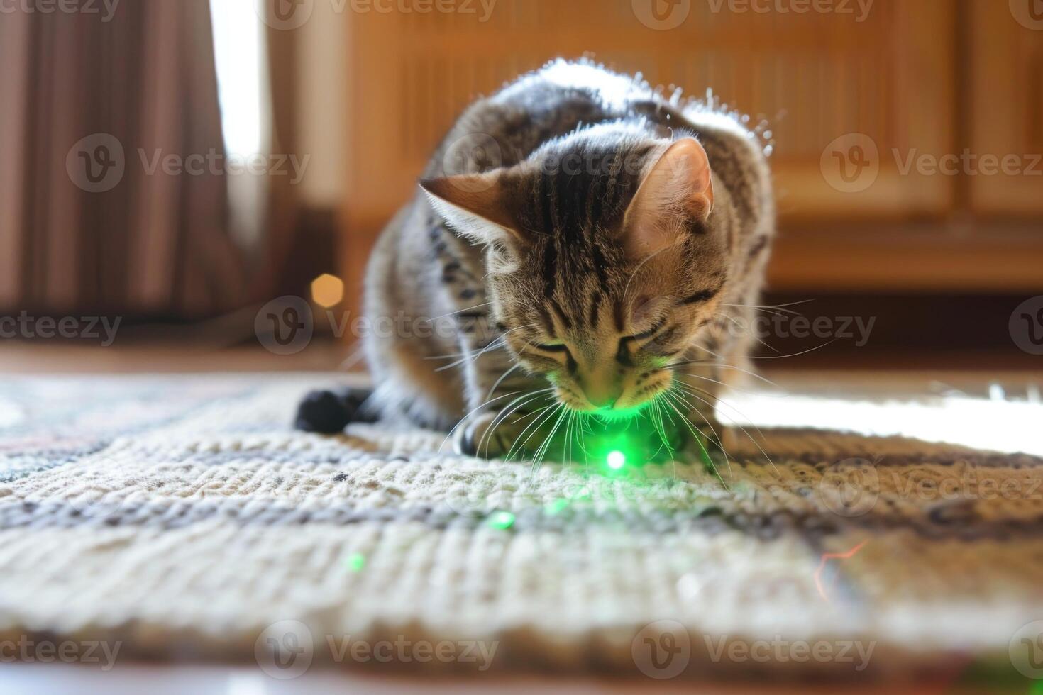 AI generated Curious cat playing with a laser toy on the carpet displaying playful energy and concentration photo
