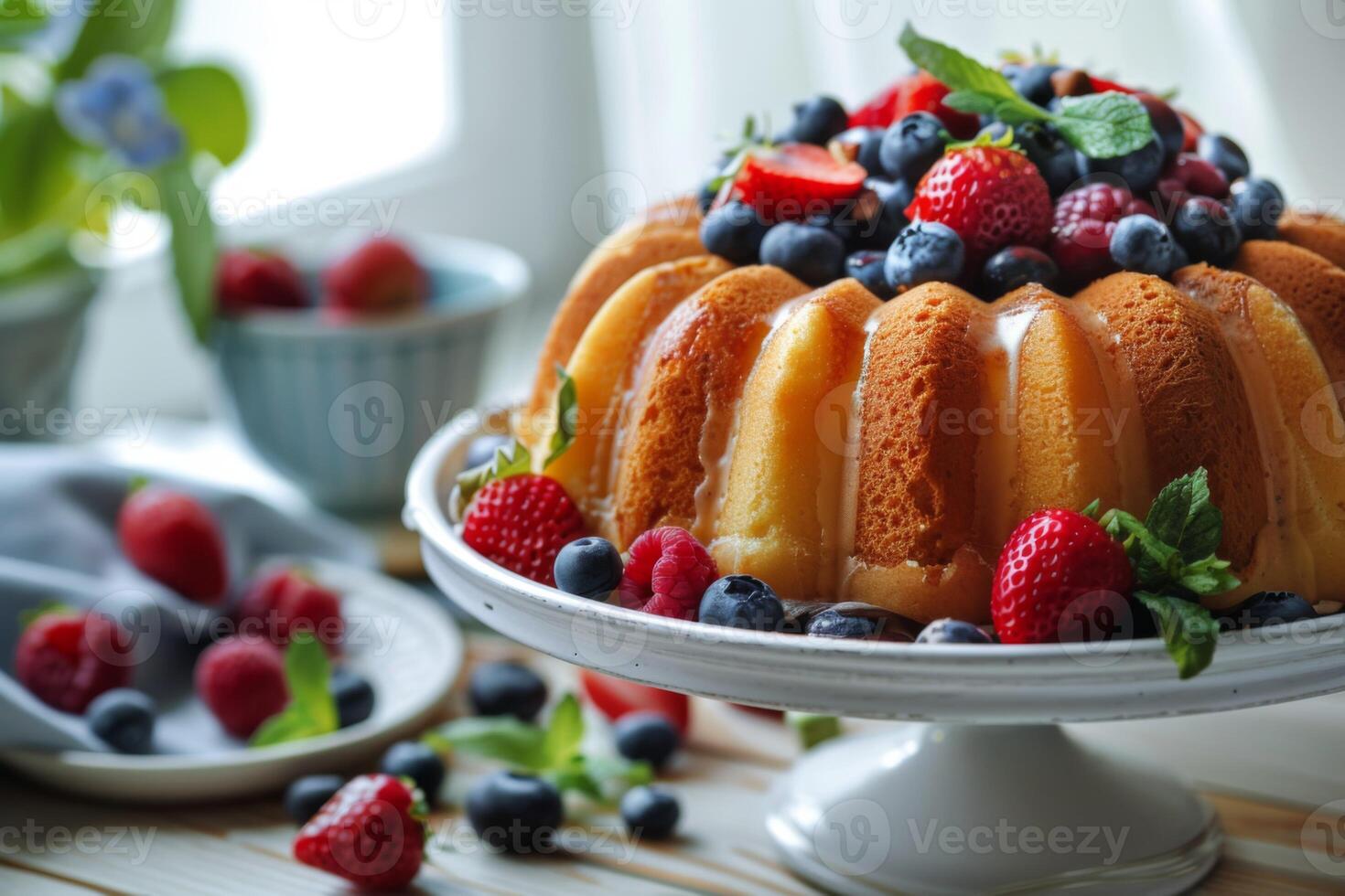 AI generated Pound cake with strawberries, blueberries, raspberries, and dessert sweetness on a baked pastry display photo
