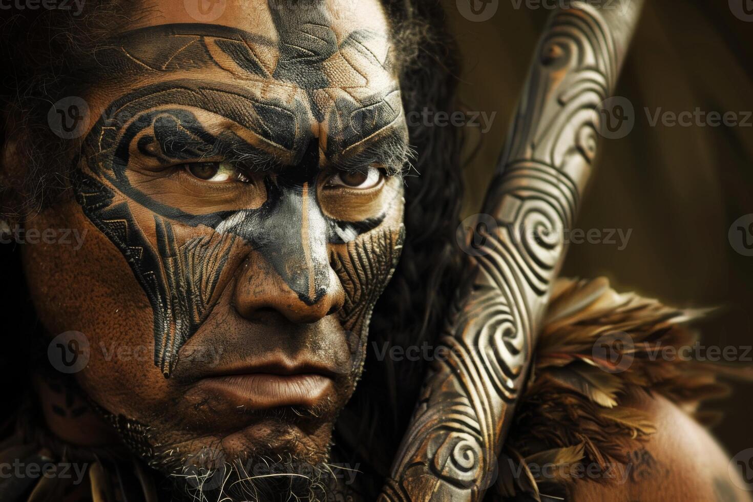 AI generated Maori warrior with traditional tribal tattoo from New Zealand portrays culture and heritage photo