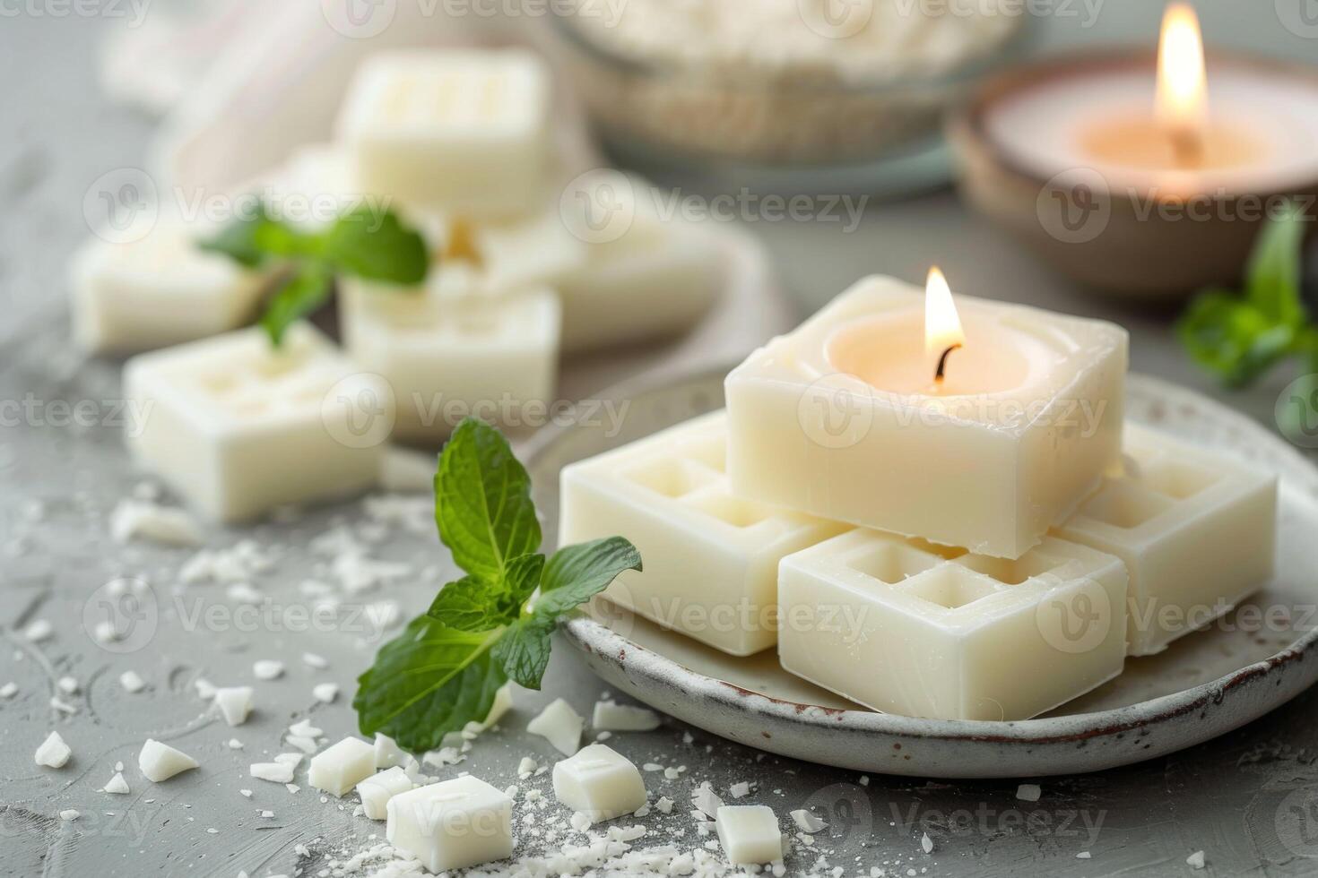 AI generated Soy wax melt and candle composition creates an aromatherapy spa scene with relaxation and wellness vibes photo