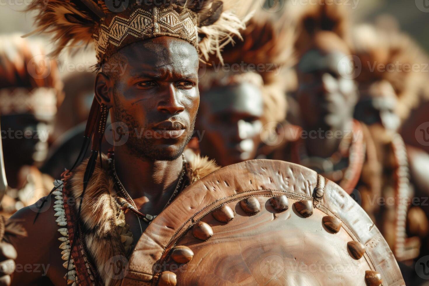 AI generated Zulu warrior in traditional attire holding a shield with tribal headdress in Africa photo