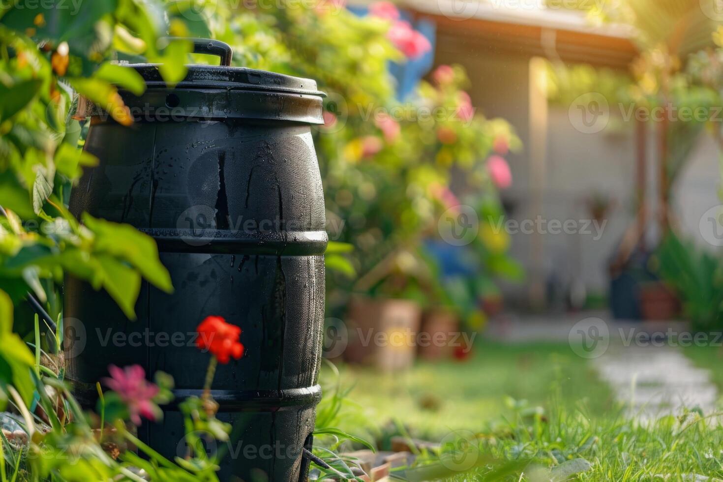 AI generated Rain barrel in a garden setting for conservation, watering, and sustainability with green eco-friendly attributes photo