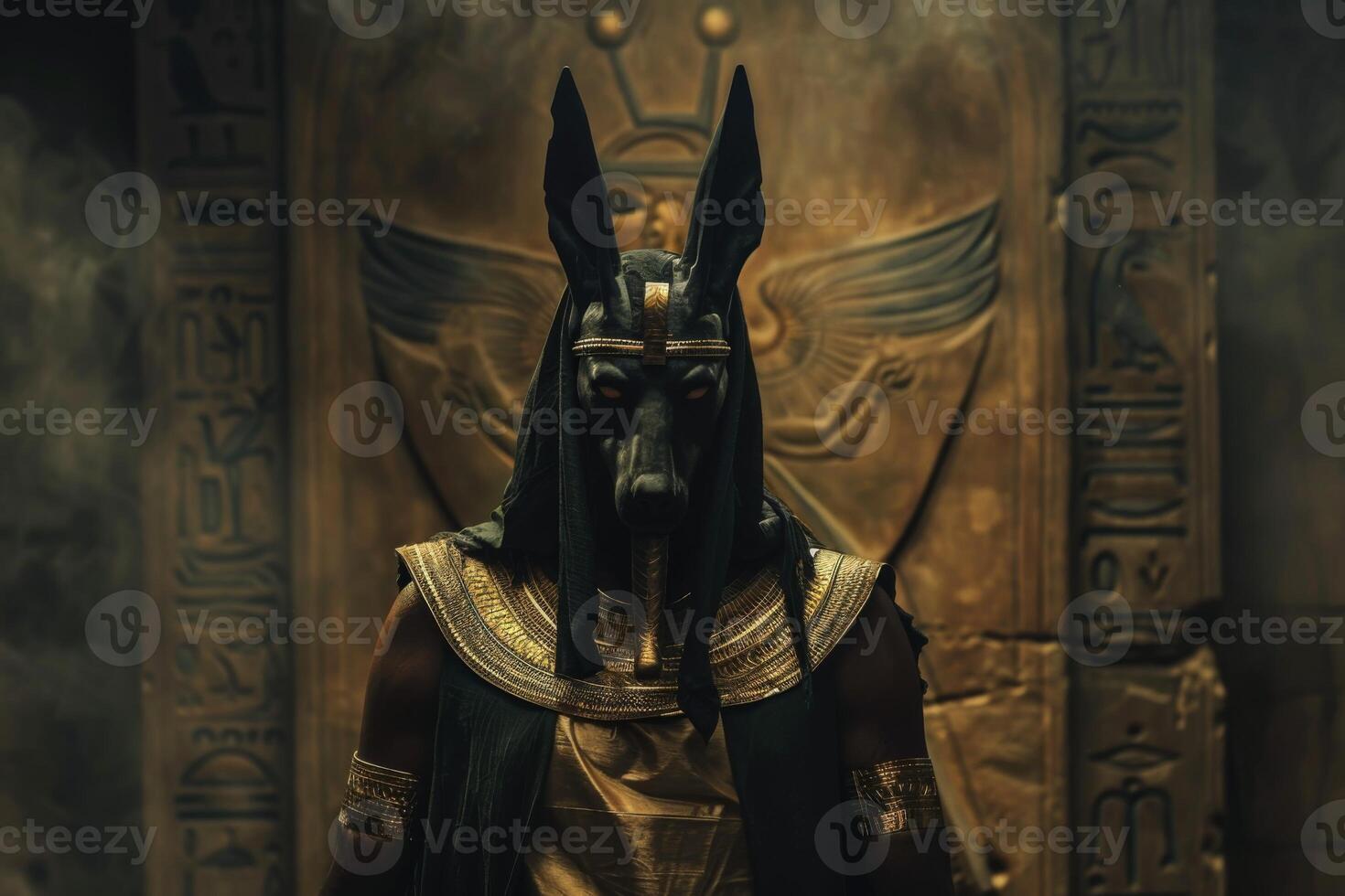 AI generated Anubis costumed figure captures the essence of ancient Egyptian mythology and deity symbolism photo
