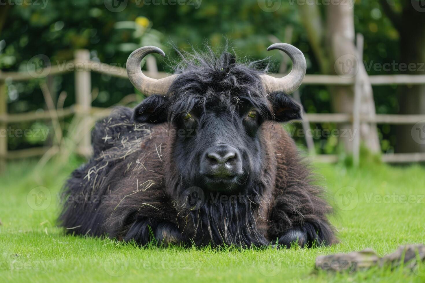 AI generated Yak on farm with grass, livestock, furry, horns, and a mammal resting in pasture photo