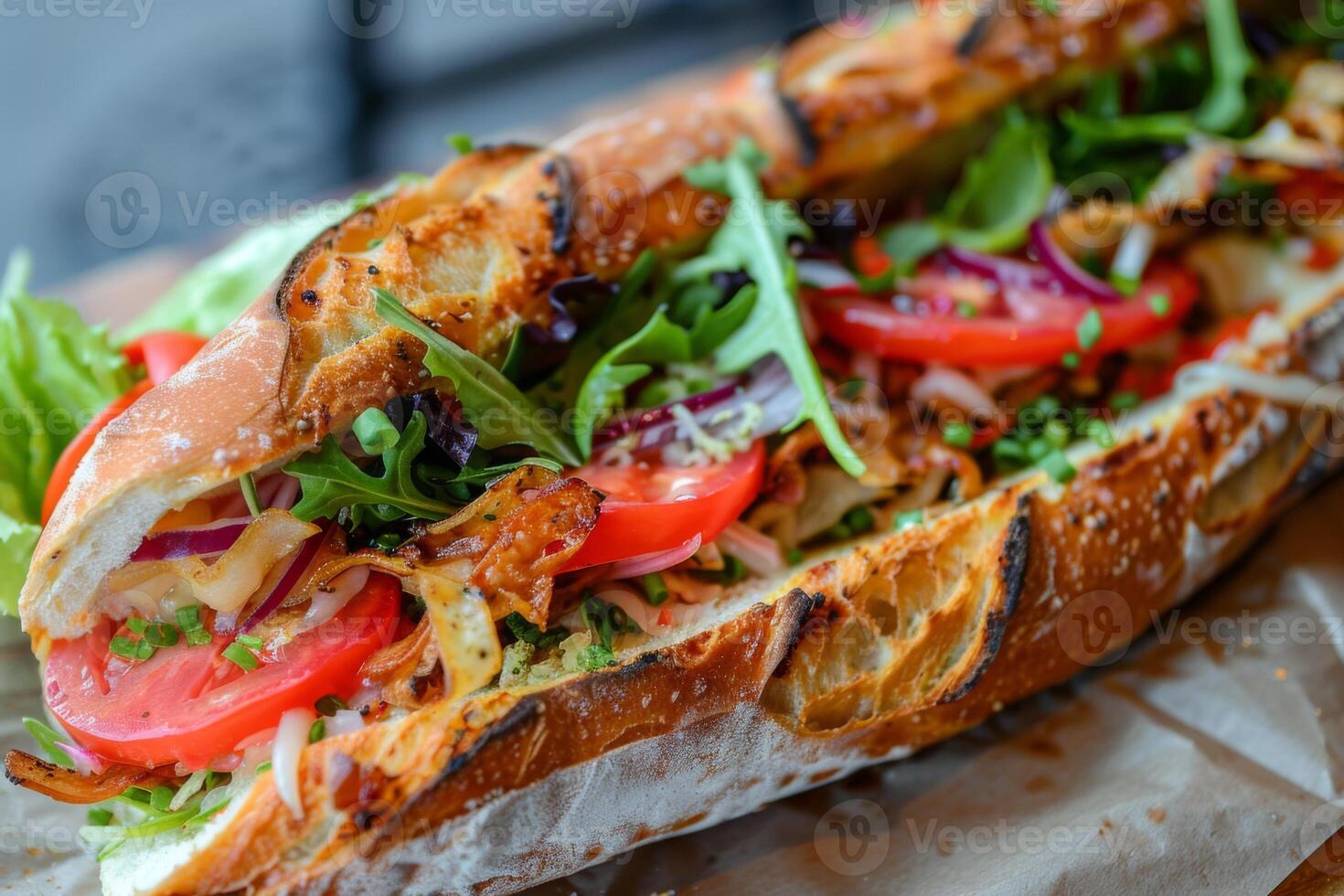 AI generated Fresh gourmet baguette sandwich with lettuce tomato and healthy vegetables photo