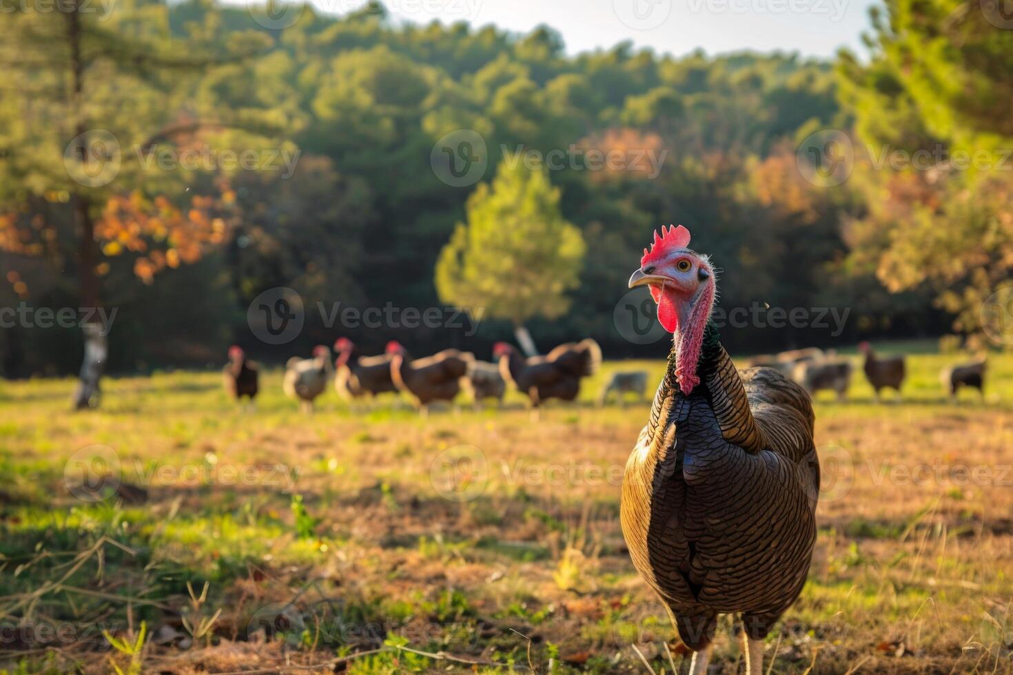 AI generated Turkey in a farm setting with other animals, showcasing agriculture and avian diversity in a pastoral rural landscape photo