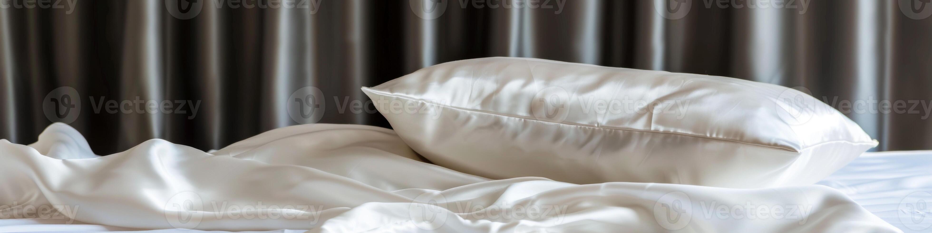 AI generated Silk pillowcase and bedding display luxury and comfort in a bedroom setting photo