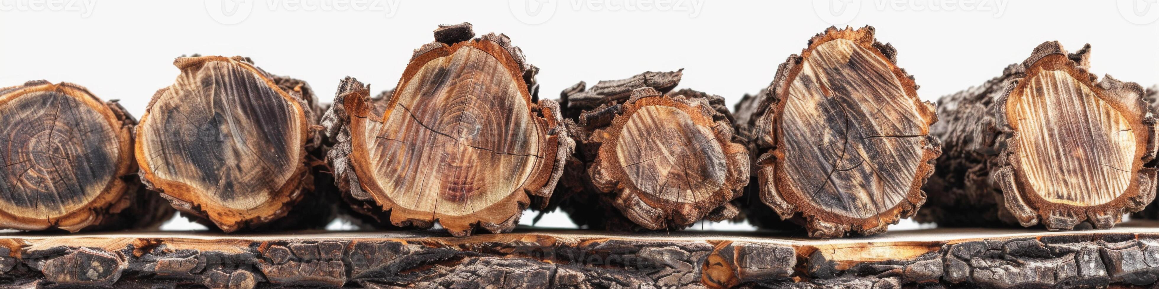 AI generated Rosewood logs with visible tree-rings and bark in a sawn timber stack photo