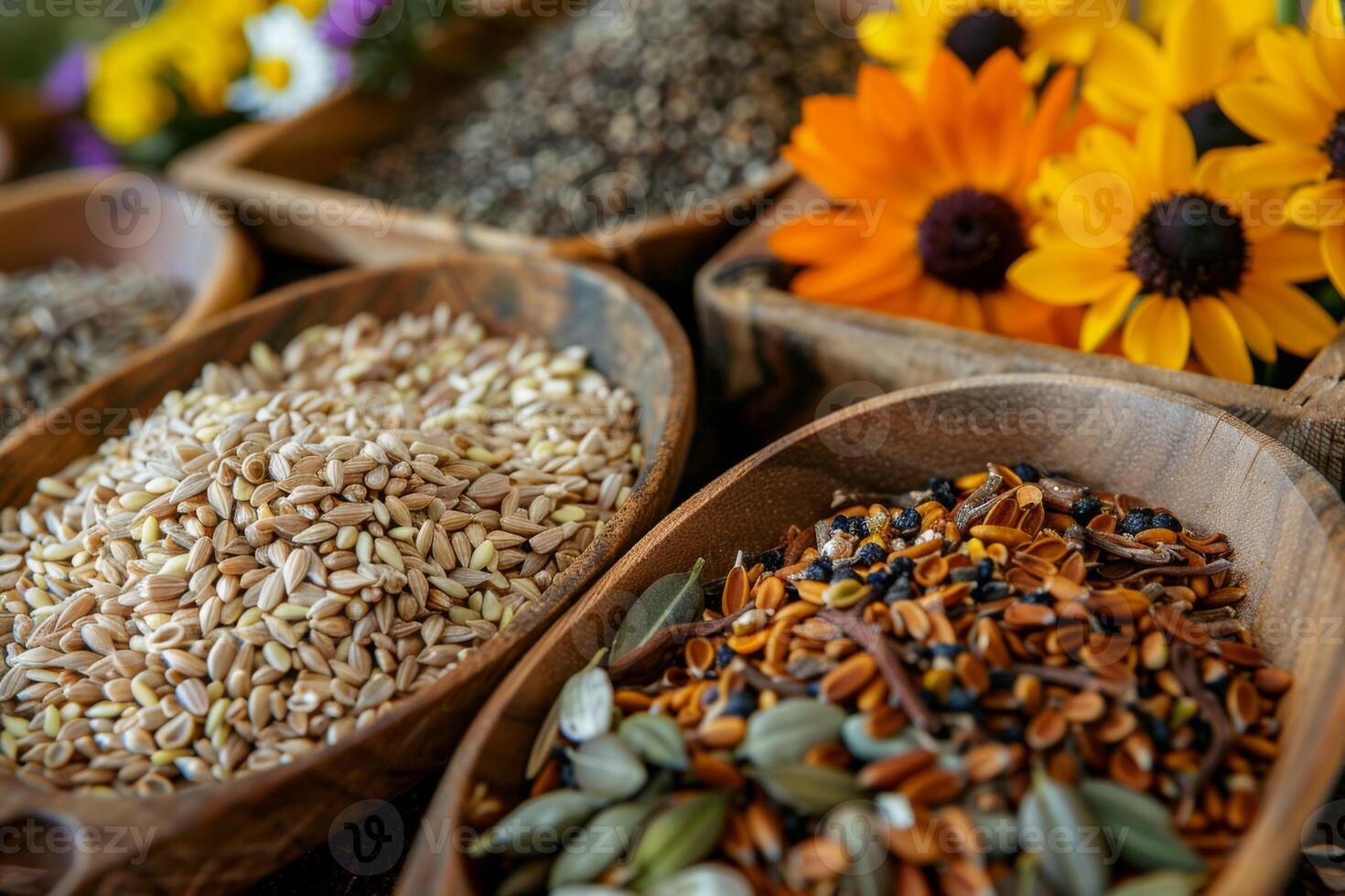 ai generado amigable con los polinizadores semilla mezcla con vistoso flores para conservación y biodiversidad en jardinería foto