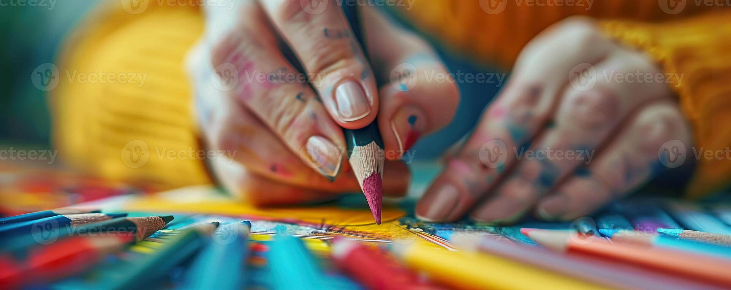 AI generated Close-up of an artist's hand selecting a colored pencil, surrounded by a vibrant spectrum of drawing tools. Generative AI. photo