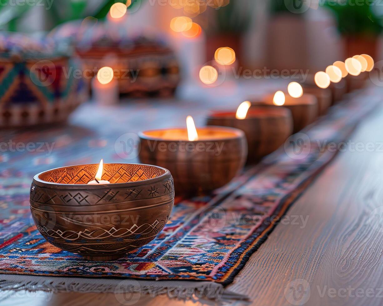AI generated An array of handcrafted candles casting a warm glow over an intricately patterned runner. Generative AI. photo