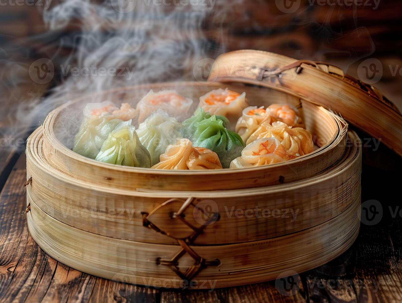 AI generated Close-up aromatic steam rises from a selection of colorful dim sum in a traditional bamboo steamer. Generative AI. photo