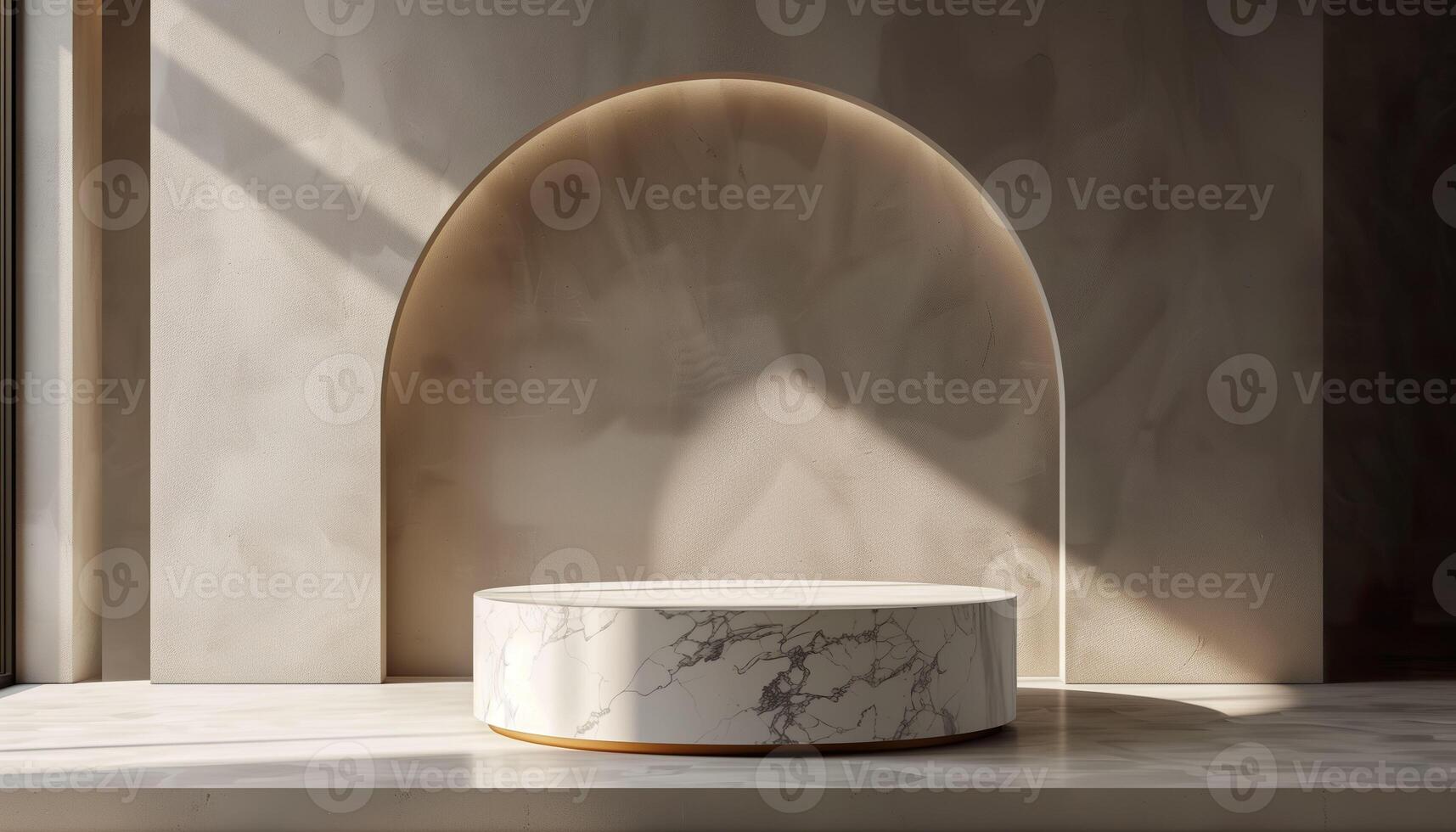 AI generated A marble podium on a minimalist background, illuminated by natural light that creates a play of shadows and texture. Generative AI. photo