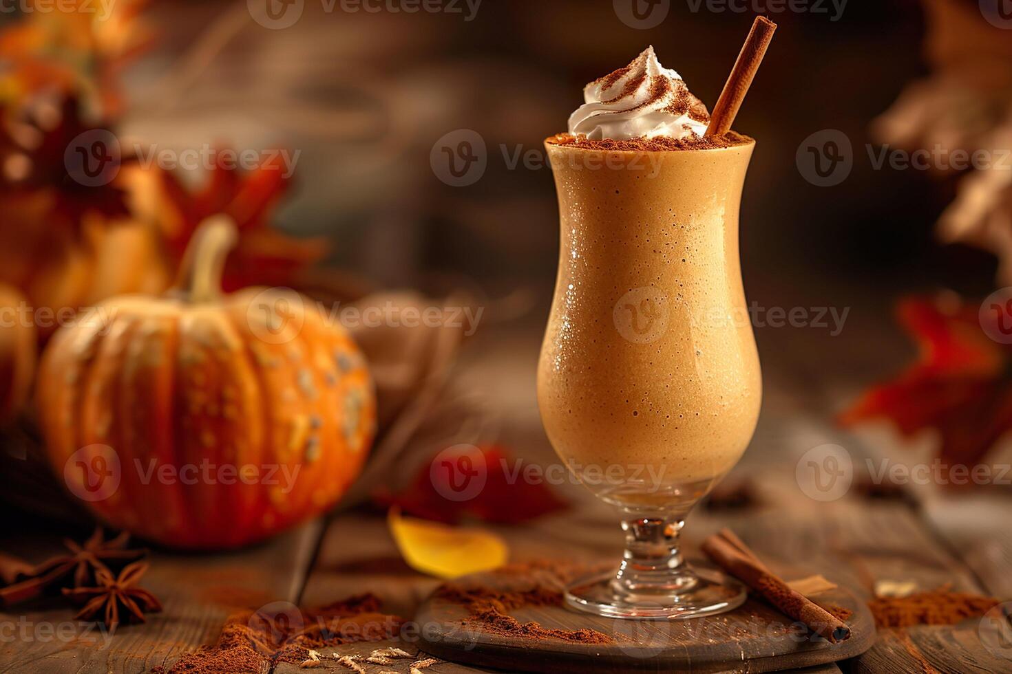 AI generated A glass of pumpkin spice smoothie topped with whipped cream and a dusting of cinnamon. Generative AI. photo