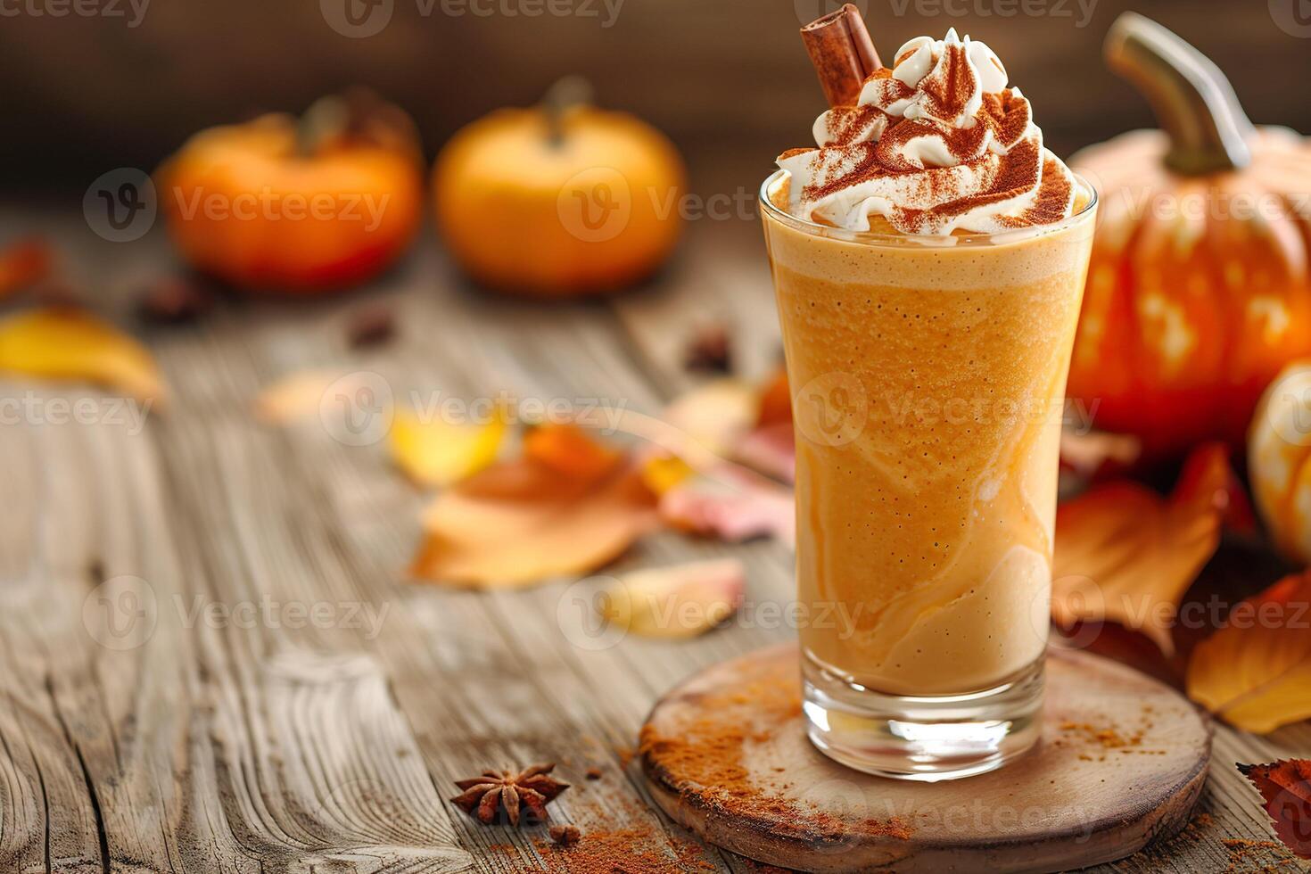 AI generated A glass of pumpkin spice smoothie topped with whipped cream and a dusting of cinnamon. Generative AI. photo