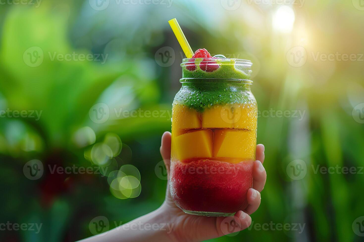 AI generated A side view of a hand holding a mason jar filled with a layered fruit smoothie against the backdrop of a blurred green garden. Generative AI. photo